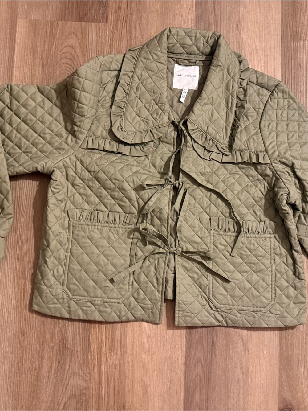 Anthropologie Olive Quilted Ruffle-Collar Jacket